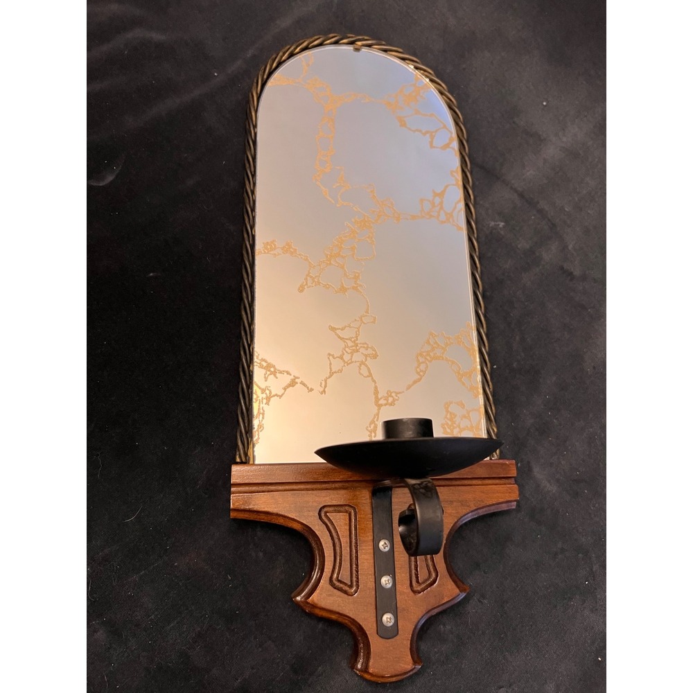 Vintage Hollywood Regency Mirrored Gold Vein Sconce Wood Base